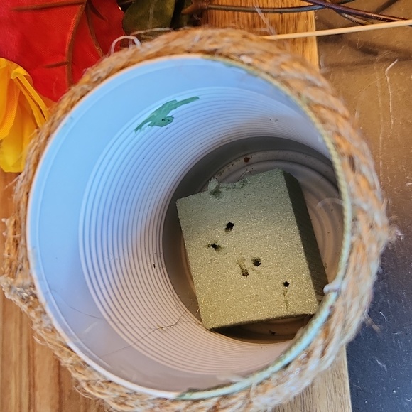 Decoupage Upcycled Tin with Faux Fall Flowers 4 1/2 in tall - Picture 4 of 5